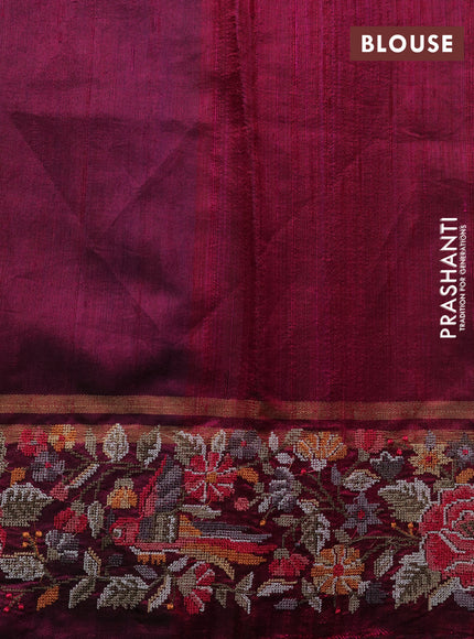 Pure dupion silk saree purple and dark magenta pink with allover zari weaves and parsi work border