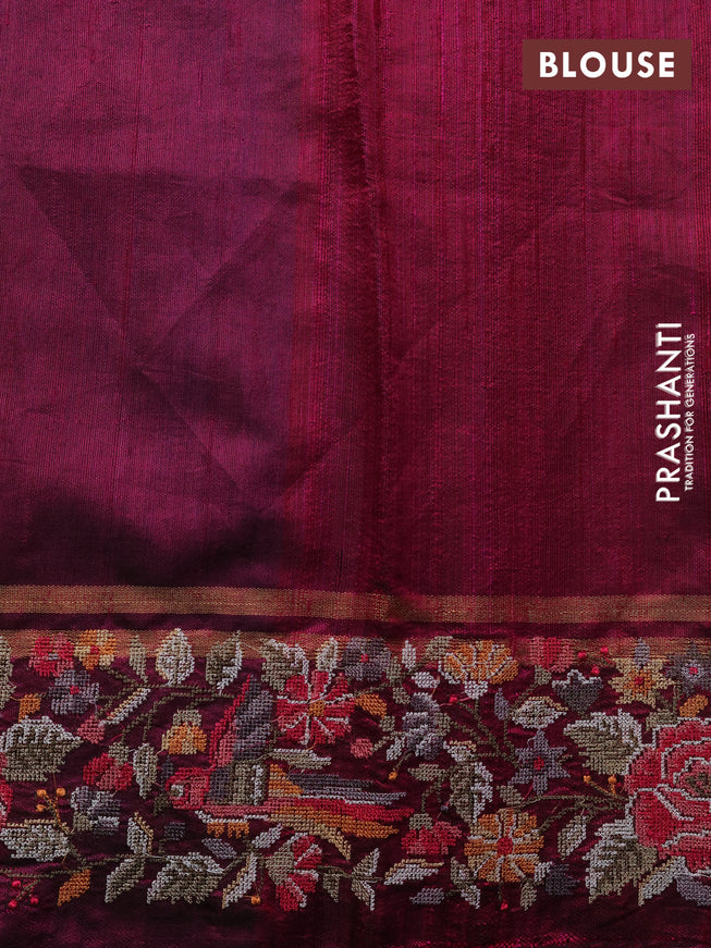 Pure dupion silk saree purple and dark magenta pink with allover zari weaves and parsi work border