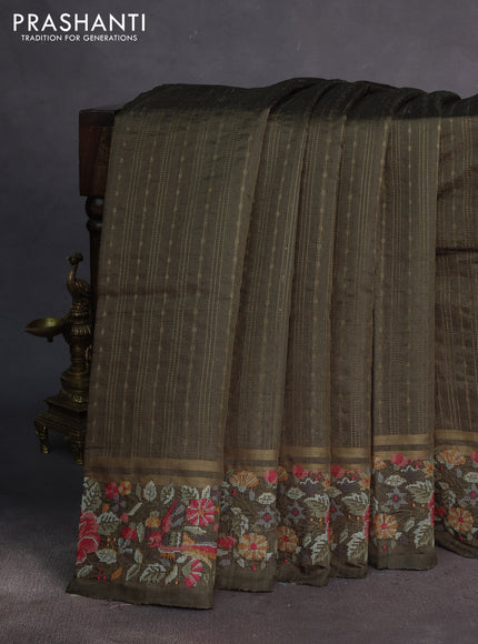 Pure dupion silk saree grey shade with allover zari weaves and parsi work border