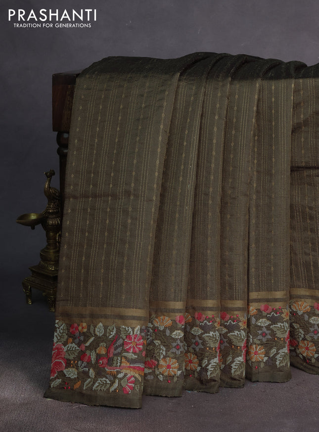 Pure dupion silk saree grey shade with allover zari weaves and parsi work border