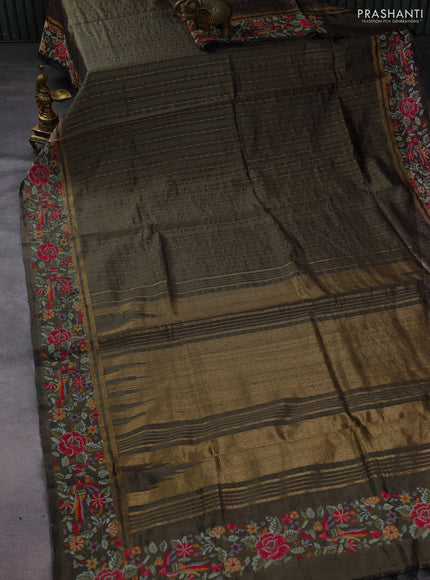 Pure dupion silk saree grey shade with allover zari weaves and parsi work border
