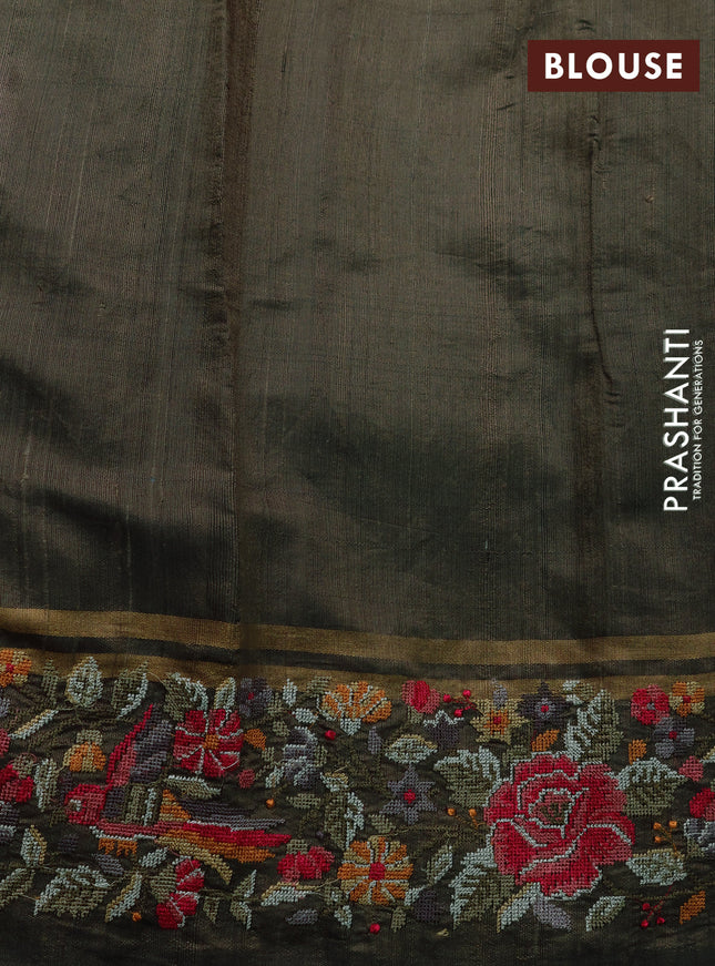 Pure dupion silk saree grey shade with allover zari weaves and parsi work border