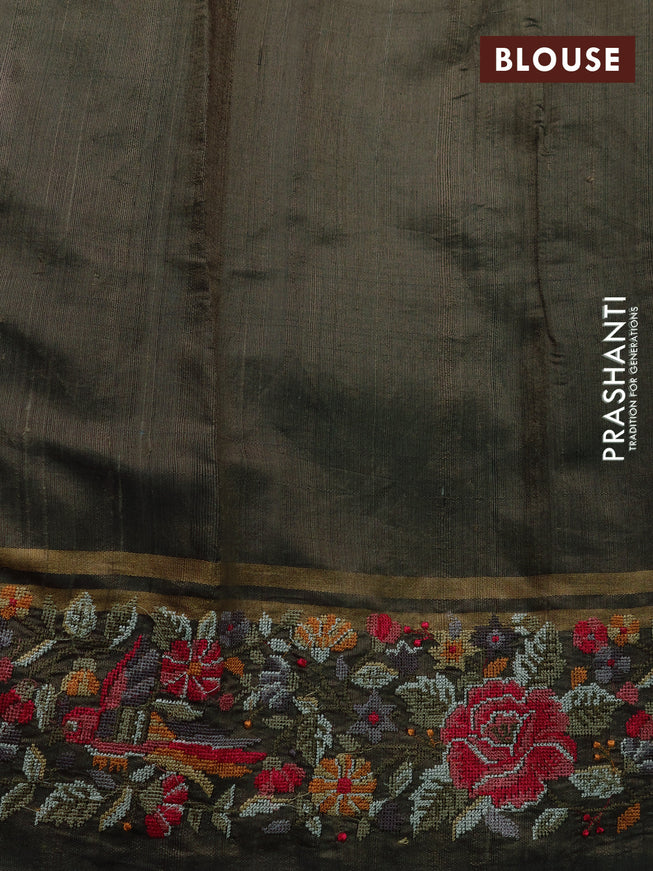 Pure dupion silk saree grey shade with allover zari weaves and parsi work border