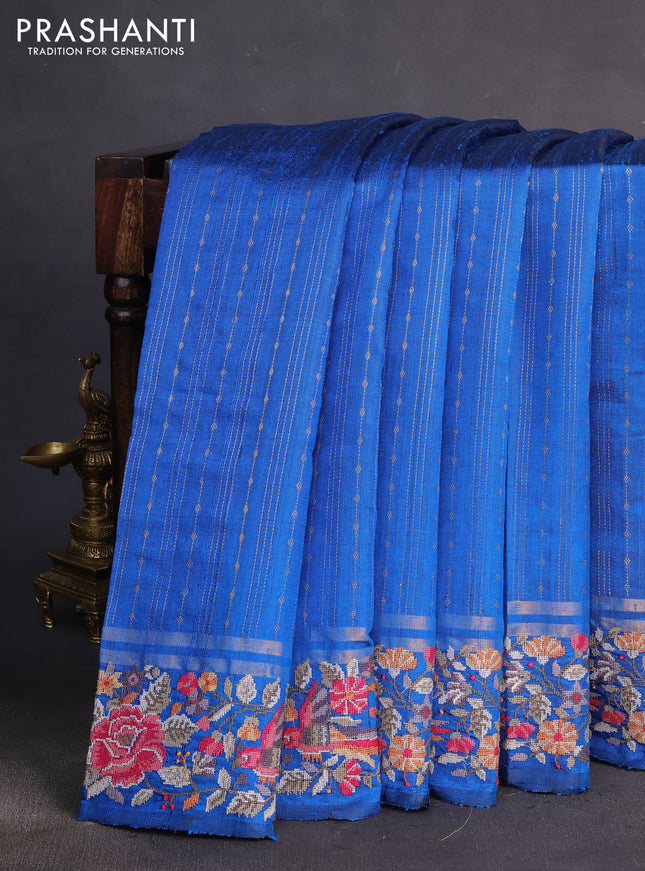 Pure dupion silk saree cs blue with allover zari weaves and parsi work border