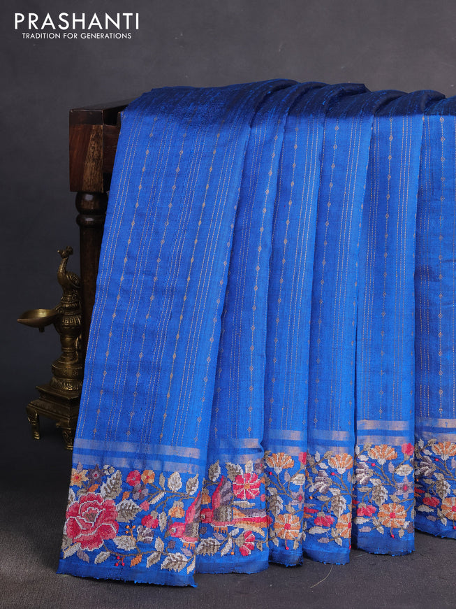 Pure dupion silk saree cs blue with allover zari weaves and parsi work border