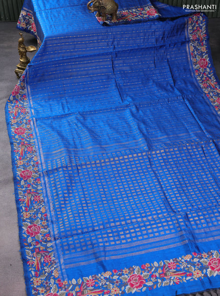 Pure dupion silk saree cs blue with allover zari weaves and parsi work border