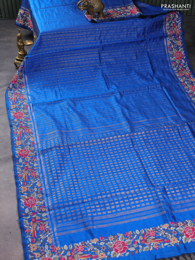 Pure dupion silk saree cs blue with allover zari weaves and parsi work border