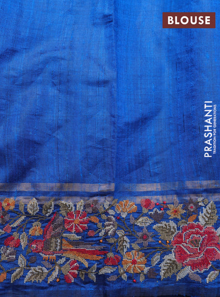 Pure dupion silk saree cs blue with allover zari weaves and parsi work border