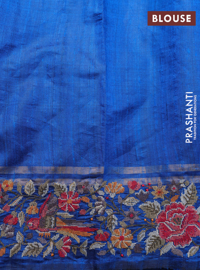 Pure dupion silk saree cs blue with allover zari weaves and parsi work border