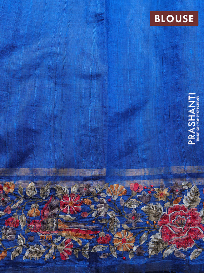 Pure dupion silk saree cs blue with allover zari weaves and parsi work border
