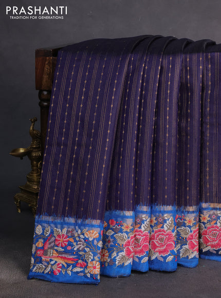Pure dupion silk saree dark blue and cs blue with allover zari weaves and parsi work border