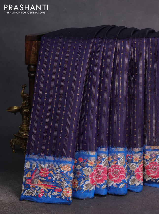 Pure dupion silk saree dark blue and cs blue with allover zari weaves and parsi work border