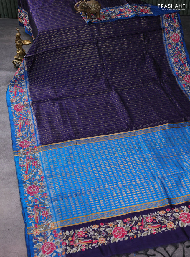 Pure dupion silk saree dark blue and cs blue with allover zari weaves and parsi work border