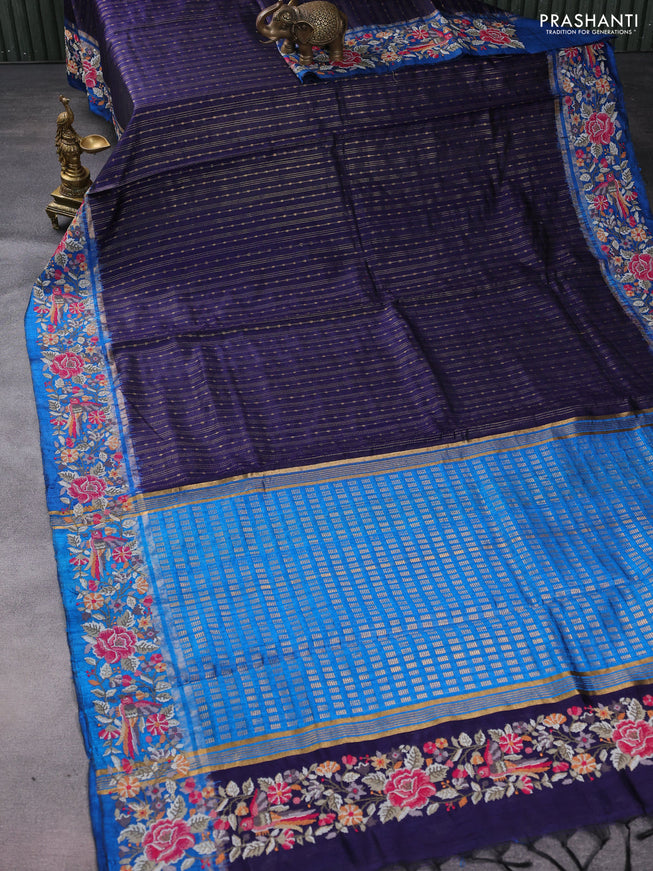 Pure dupion silk saree dark blue and cs blue with allover zari weaves and parsi work border