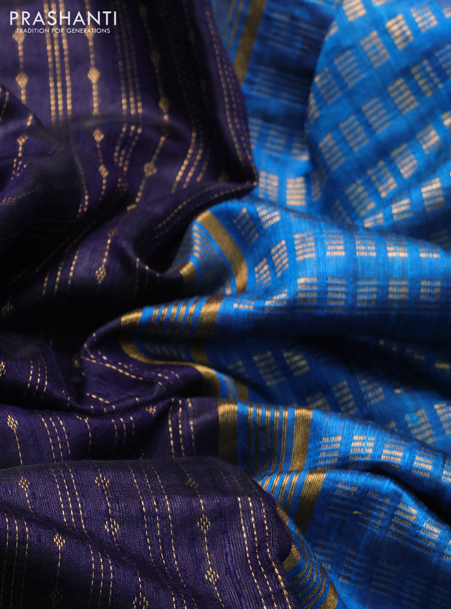Pure dupion silk saree dark blue and cs blue with allover zari weaves and parsi work border