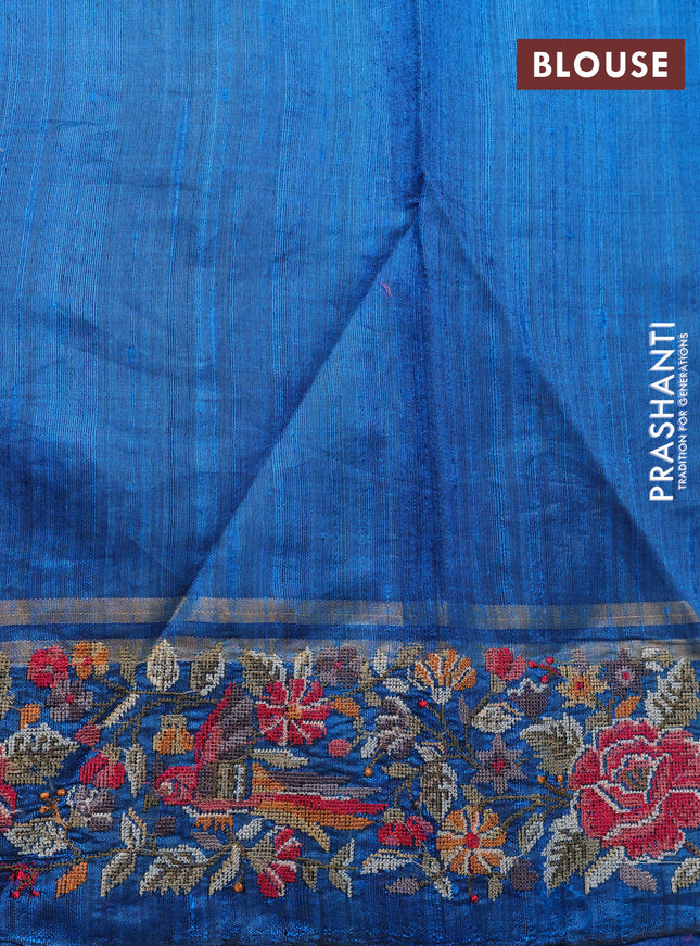Pure dupion silk saree dark blue and cs blue with allover zari weaves and parsi work border