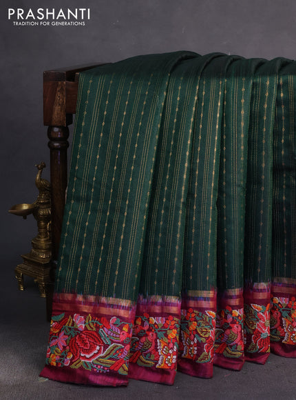 Pure dupion silk saree green and dark magenta pink with allover zari weaves and parsi work border