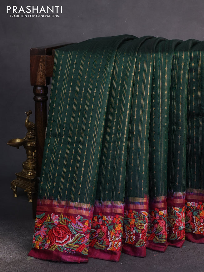 Pure dupion silk saree green and dark magenta pink with allover zari weaves and parsi work border