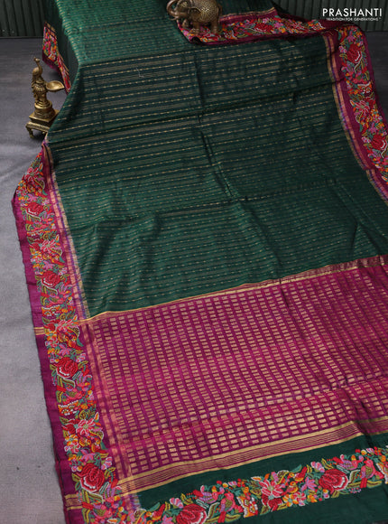 Pure dupion silk saree green and dark magenta pink with allover zari weaves and parsi work border