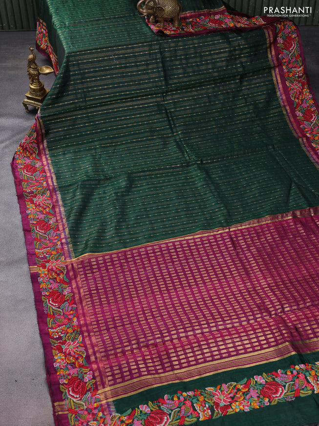 Pure dupion silk saree green and dark magenta pink with allover zari weaves and parsi work border