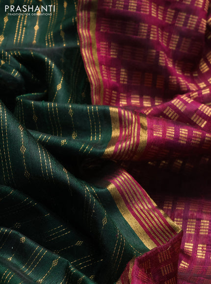 Pure dupion silk saree green and dark magenta pink with allover zari weaves and parsi work border