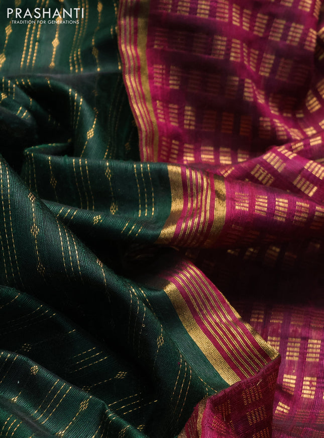 Pure dupion silk saree green and dark magenta pink with allover zari weaves and parsi work border