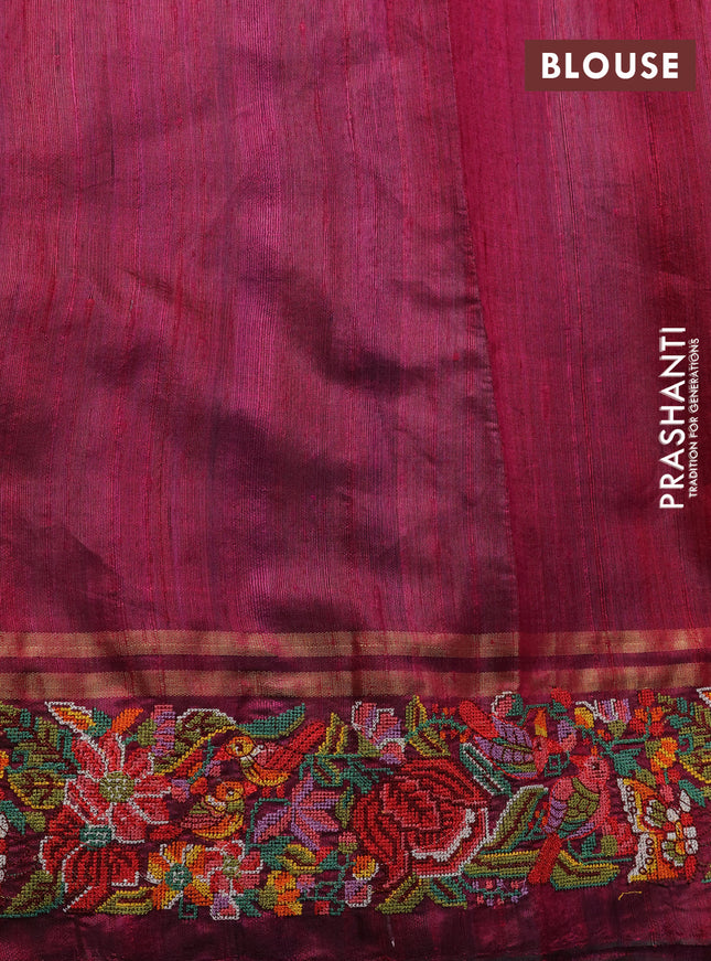 Pure dupion silk saree green and dark magenta pink with allover zari weaves and parsi work border