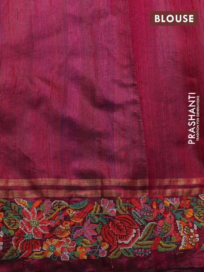 Pure dupion silk saree green and dark magenta pink with allover zari weaves and parsi work border