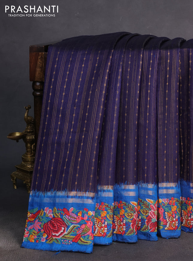 Pure dupion silk saree blue and cs blue with allover zari weaves and parsi work border
