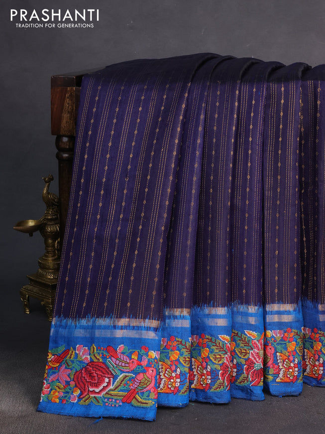 Pure dupion silk saree blue and cs blue with allover zari weaves and parsi work border