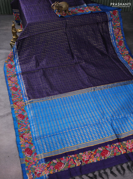 Pure dupion silk saree blue and cs blue with allover zari weaves and parsi work border