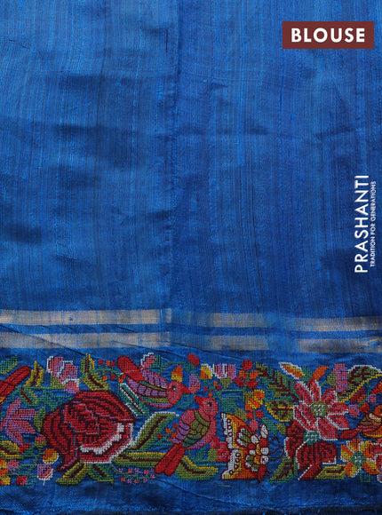 Pure dupion silk saree blue and cs blue with allover zari weaves and parsi work border