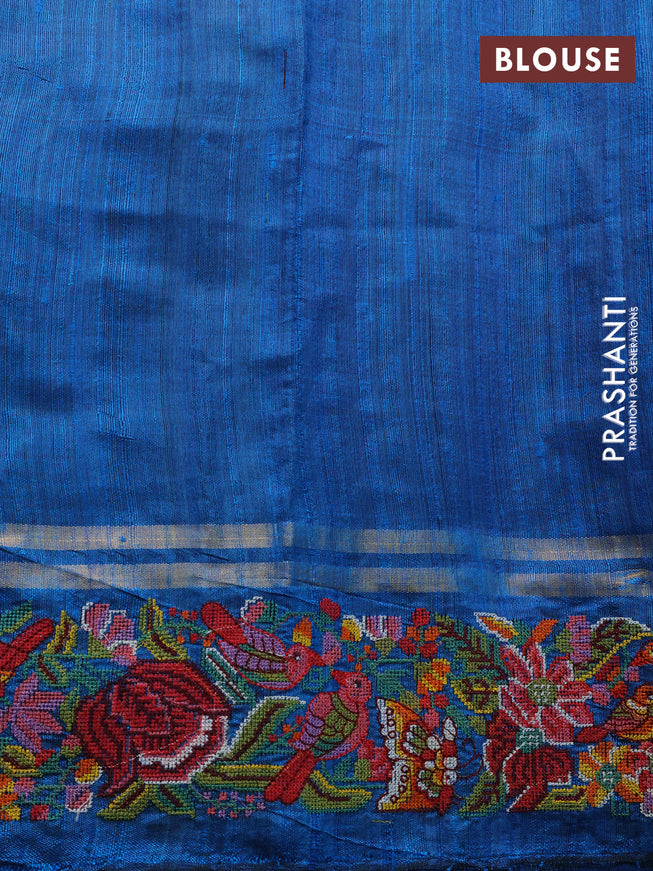 Pure dupion silk saree blue and cs blue with allover zari weaves and parsi work border