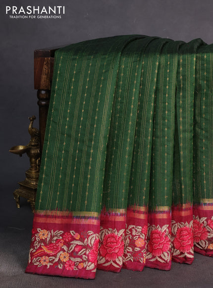 Pure dupion silk saree green and magenat pink with allover zari weaves and parsi work border