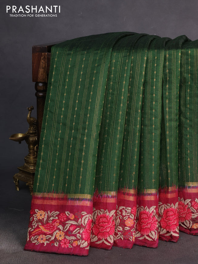Pure dupion silk saree green and magenat pink with allover zari weaves and parsi work border