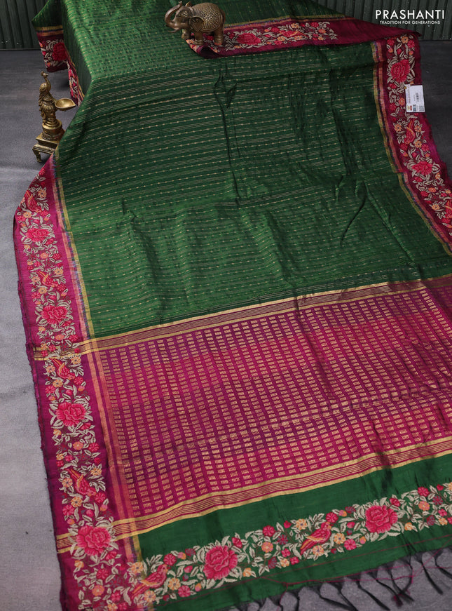 Pure dupion silk saree green and magenat pink with allover zari weaves and parsi work border