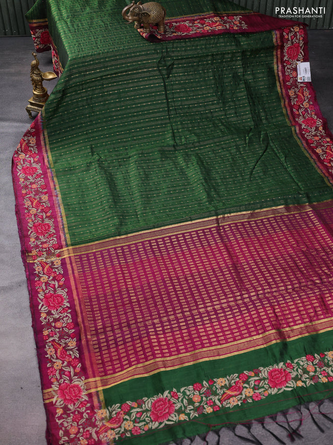 Pure dupion silk saree green and magenat pink with allover zari weaves and parsi work border