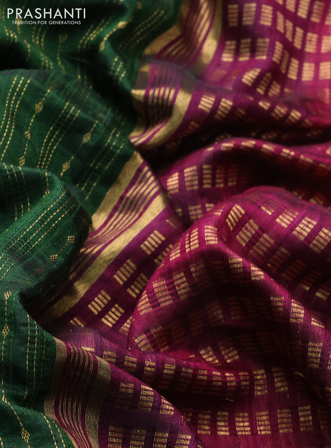 Pure dupion silk saree green and magenat pink with allover zari weaves and parsi work border