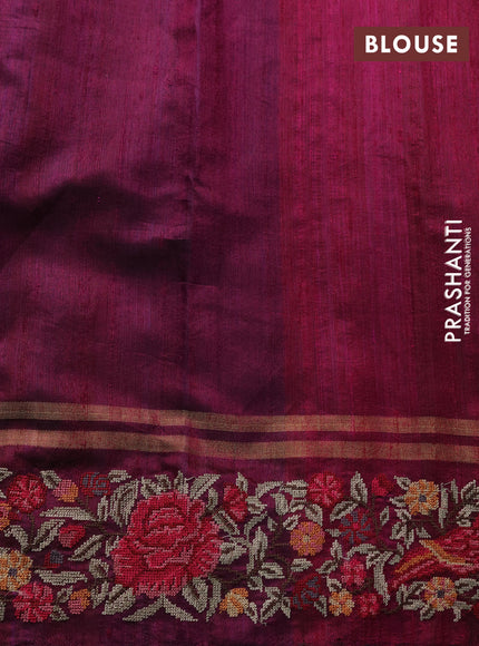 Pure dupion silk saree green and magenat pink with allover zari weaves and parsi work border