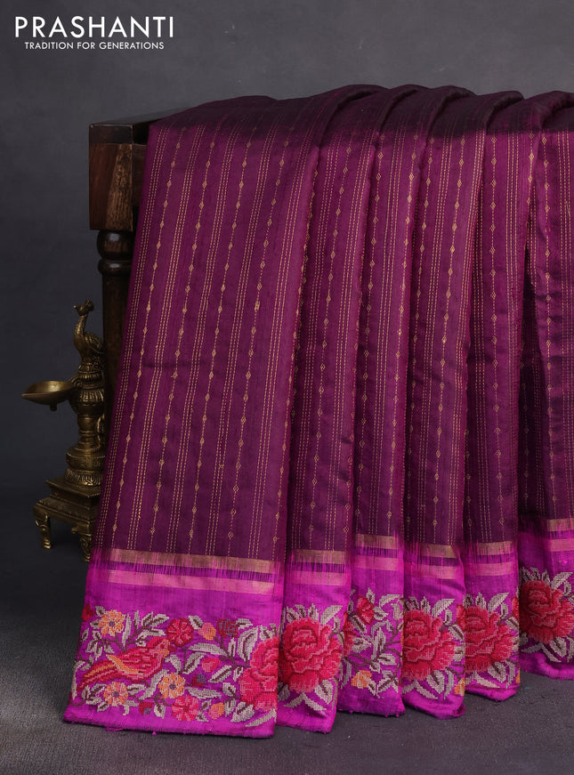 Pure dupion silk saree purple and magenta pink with allover zari weaves and parsi work border