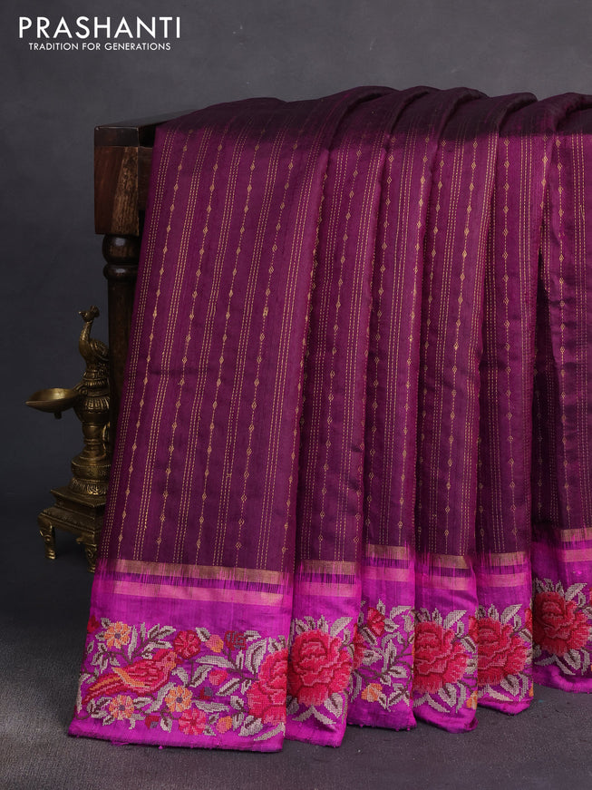 Pure dupion silk saree purple and magenta pink with allover zari weaves and parsi work border