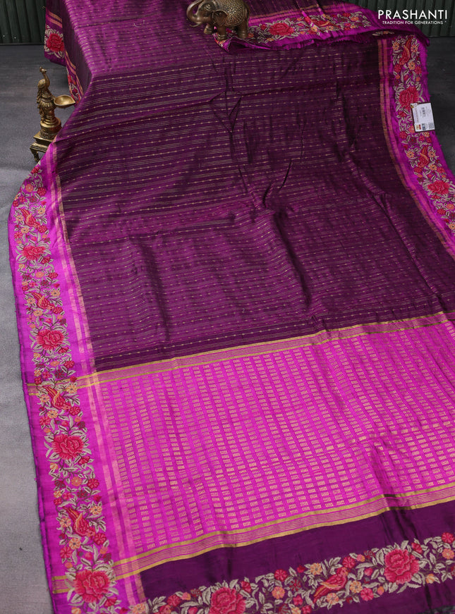 Pure dupion silk saree purple and magenta pink with allover zari weaves and parsi work border