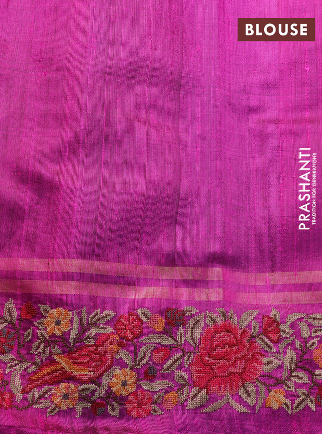 Pure dupion silk saree purple and magenta pink with allover zari weaves and parsi work border