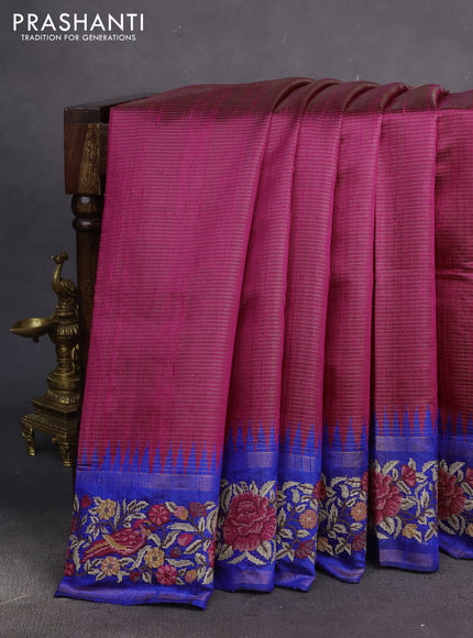 Pure dupion silk saree pink and blue with allover zari stripe pattern and temple zari woven floral embroidery work border