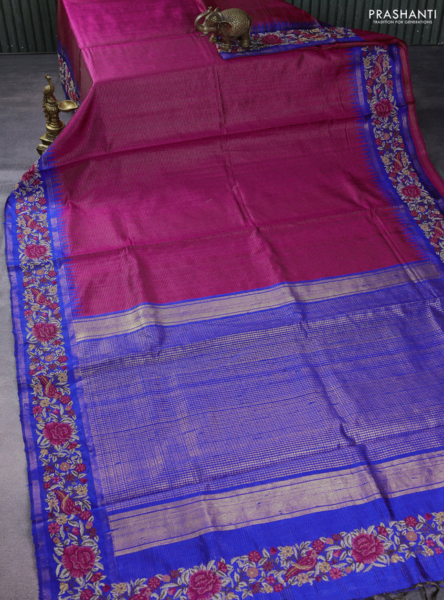 Pure dupion silk saree pink and blue with allover zari stripe pattern and temple zari woven floral embroidery work border