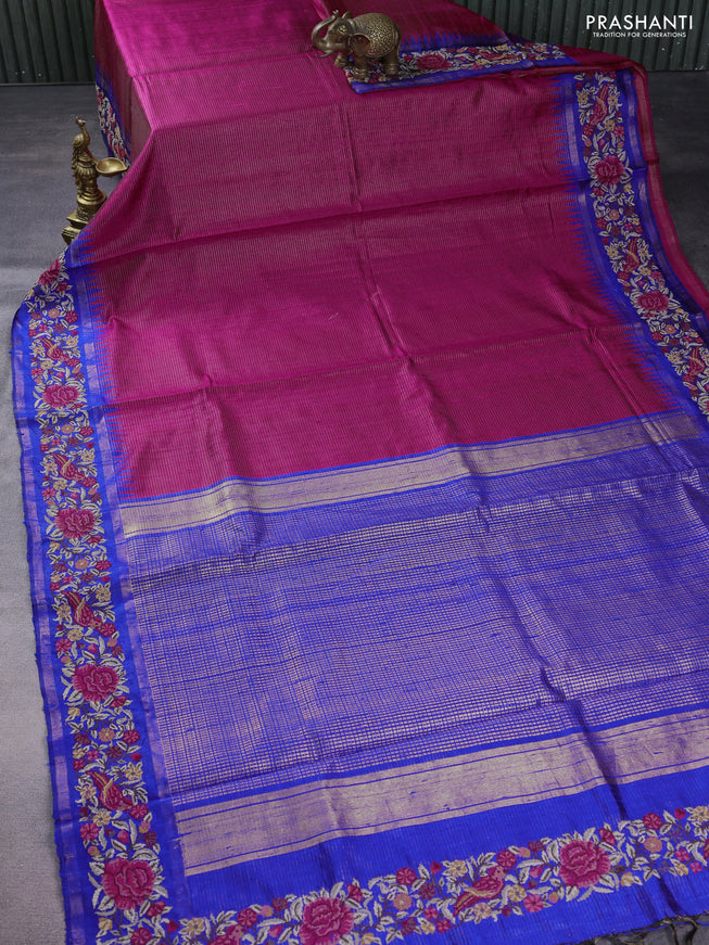 Pure dupion silk saree pink and blue with allover zari stripe pattern and temple zari woven floral embroidery work border