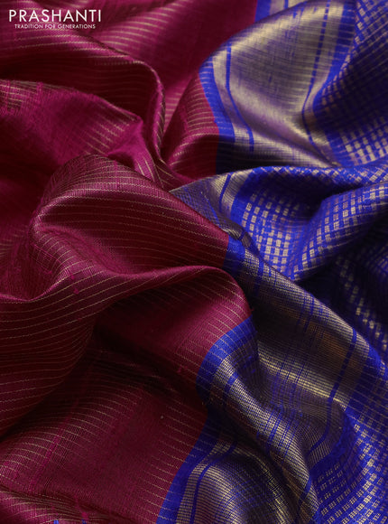 Pure dupion silk saree pink and blue with allover zari stripe pattern and temple zari woven floral embroidery work border