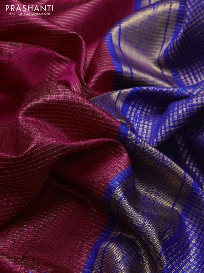 Pure dupion silk saree pink and blue with allover zari stripe pattern and temple zari woven floral embroidery work border