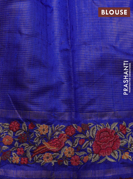 Pure dupion silk saree pink and blue with allover zari stripe pattern and temple zari woven floral embroidery work border