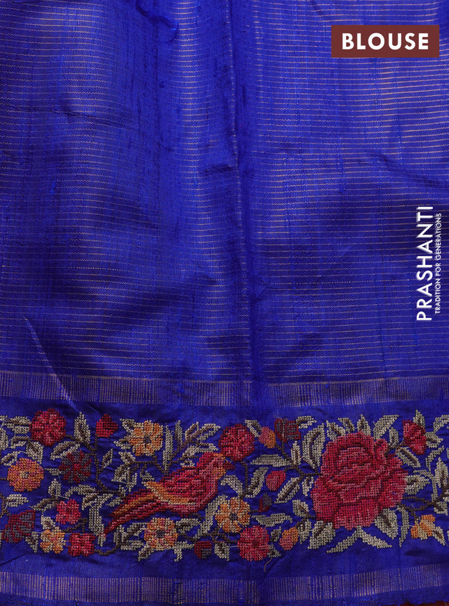 Pure dupion silk saree pink and blue with allover zari stripe pattern and temple zari woven floral embroidery work border